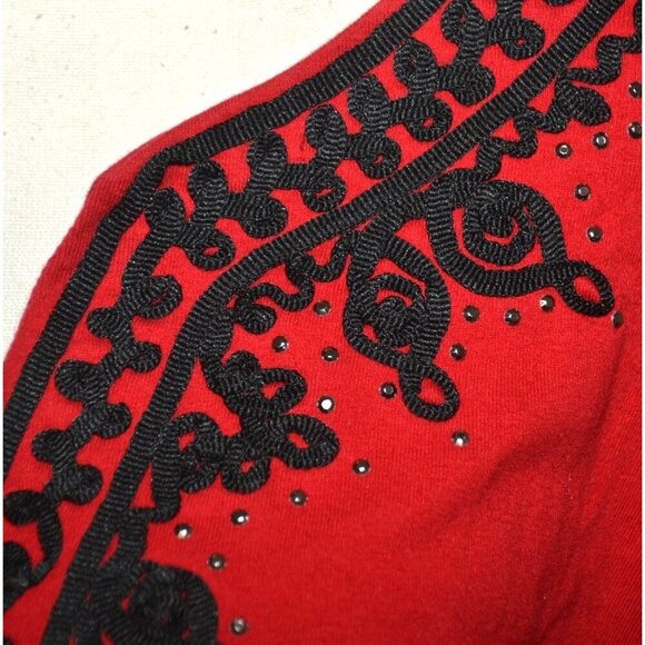 Rebecca Malone Red Knit Tunic Top Black Ribbon Trim Studded V-Neck Size 1X - Picture 5 of 9